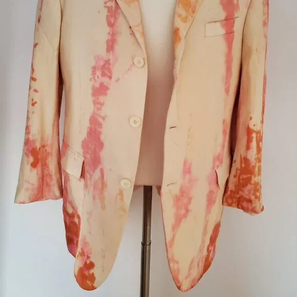 Silk blazer suit jacket painted tiedye orange yellow cream pink large 40 41